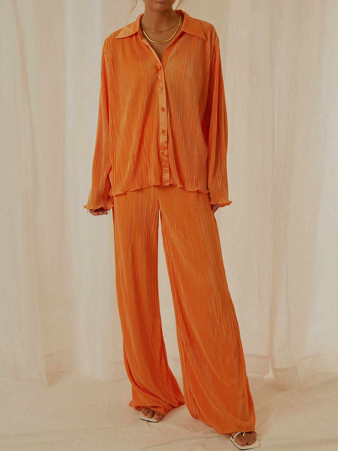 Collared Neck Long Sleeve Top and Pants Lounge Set | Trending Chic NZ