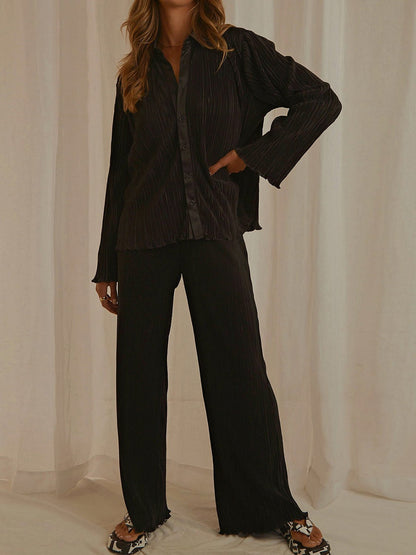 Collared Neck Long Sleeve Top and Pants Lounge Set | Trending Chic NZ