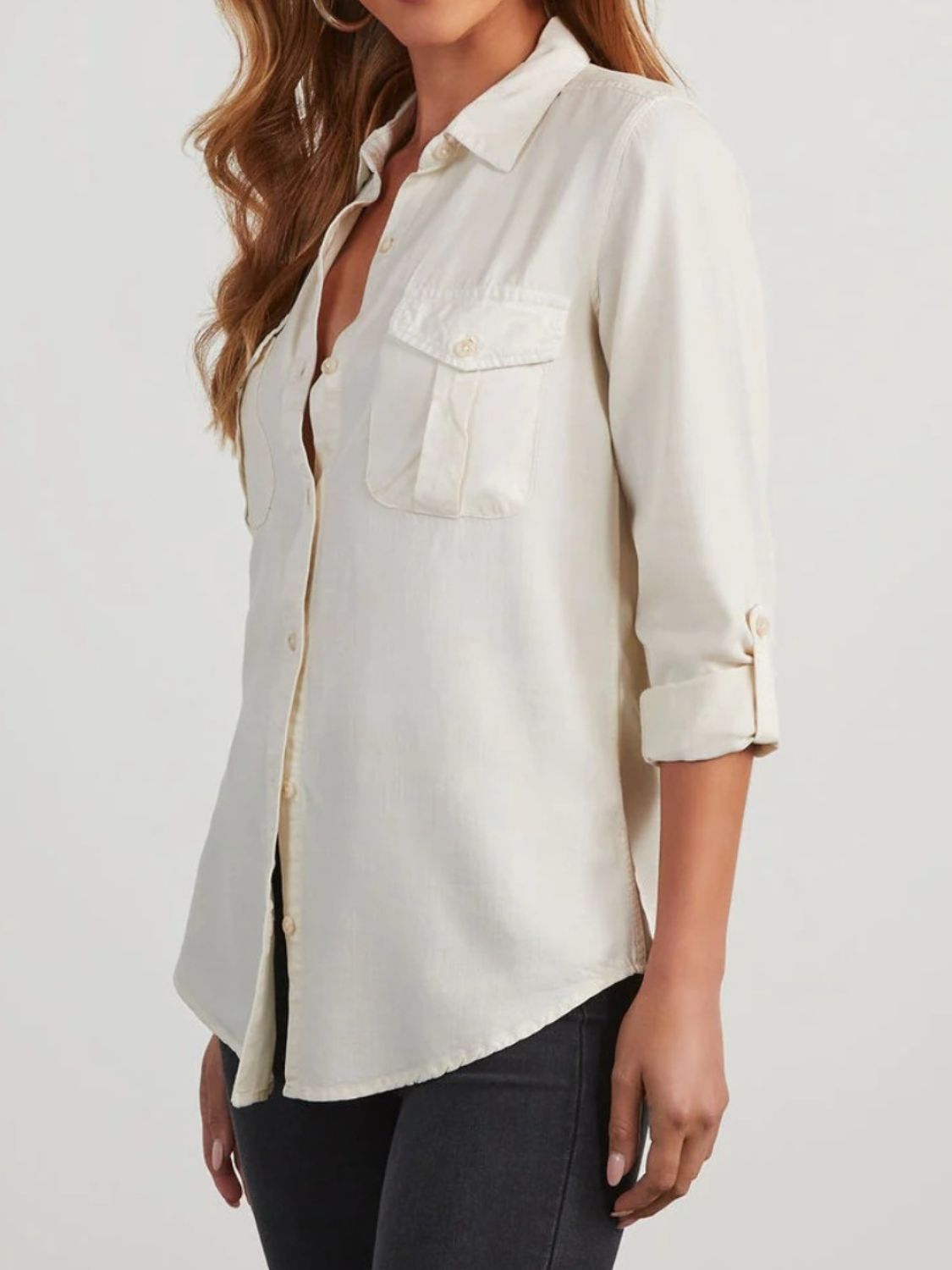 Collared Neck Roll - Tab Sleeve Denim Top | Trending Chic NZ