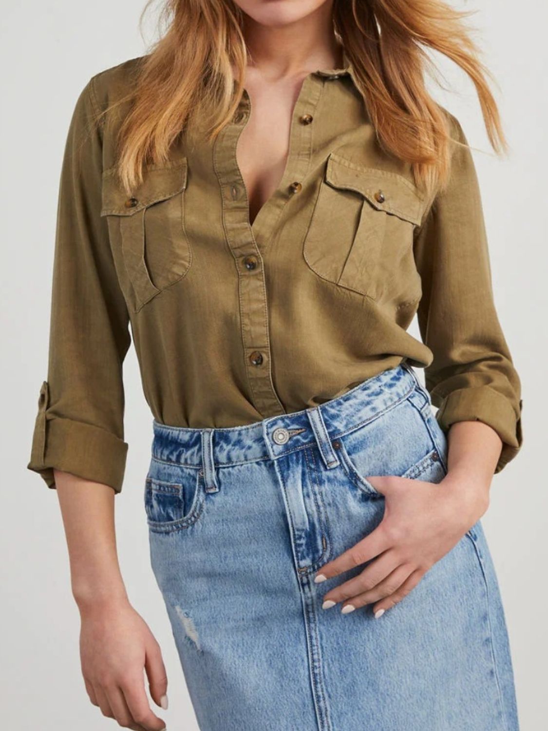 Collared Neck Roll - Tab Sleeve Denim Top | Trending Chic NZ