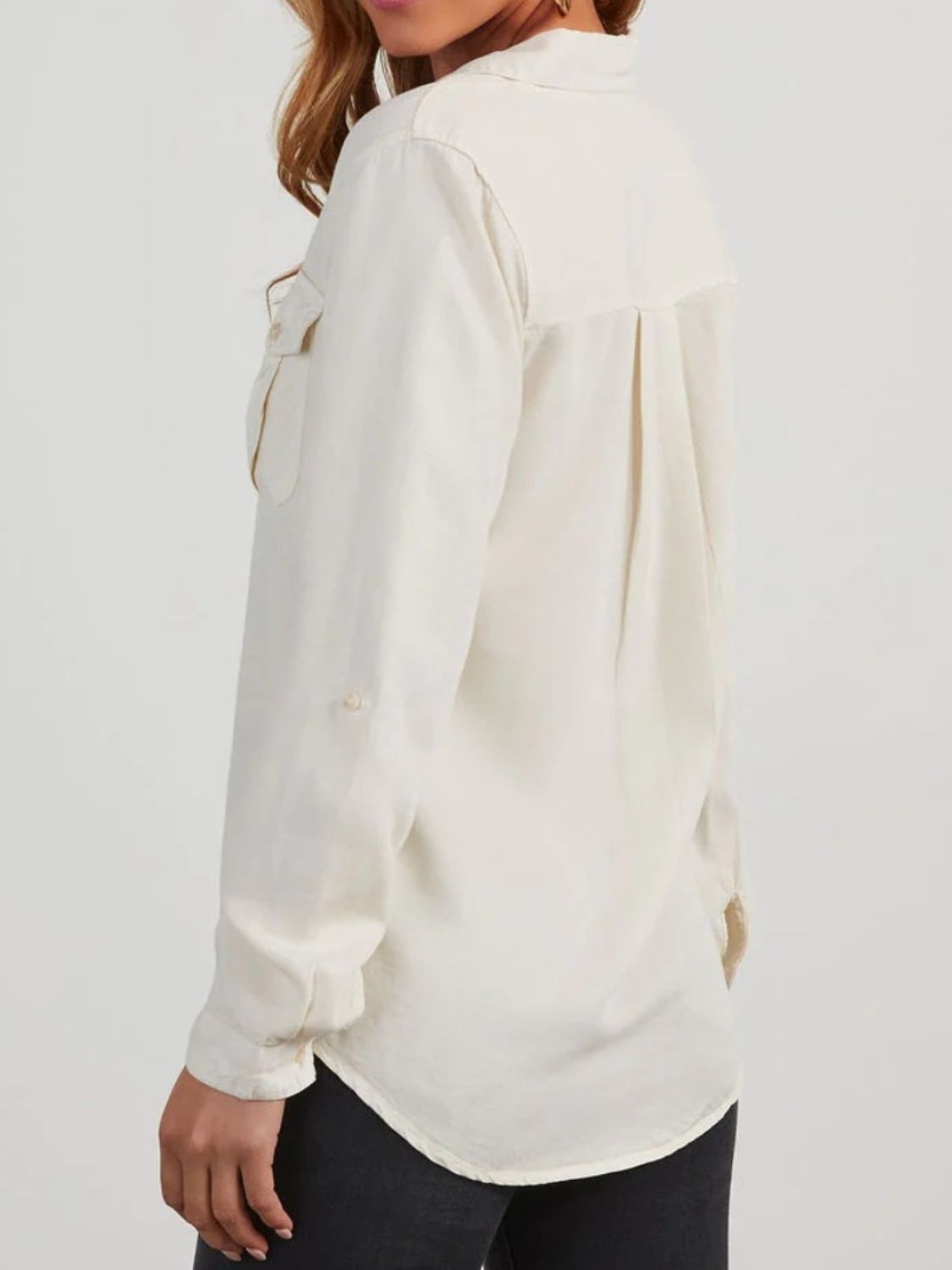 Collared Neck Roll - Tab Sleeve Denim Top | Trending Chic NZ