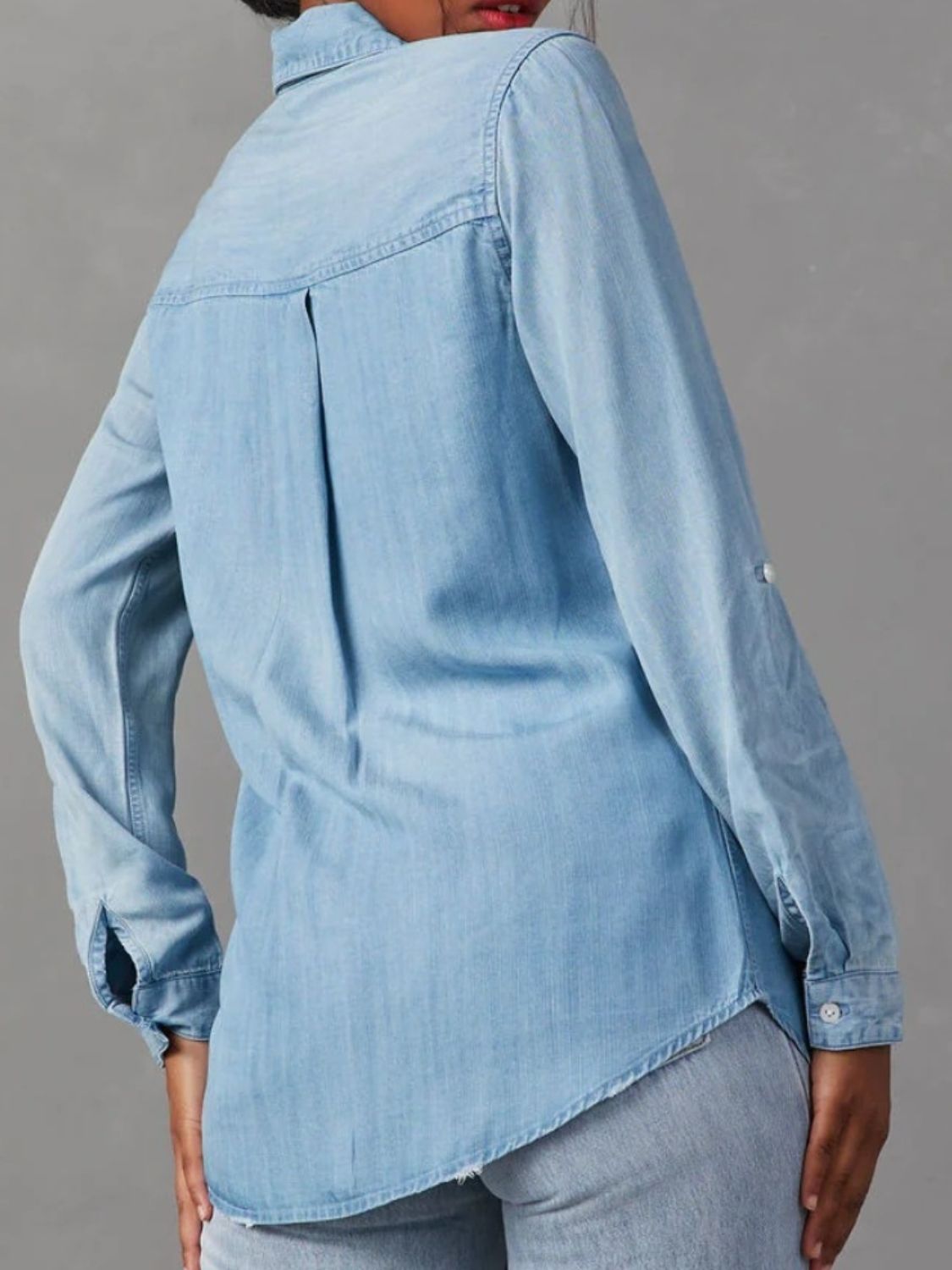 Collared Neck Roll - Tab Sleeve Denim Top | Trending Chic NZ