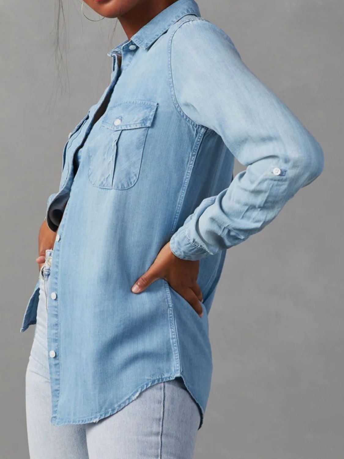 Collared Neck Roll - Tab Sleeve Denim Top | Trending Chic NZ