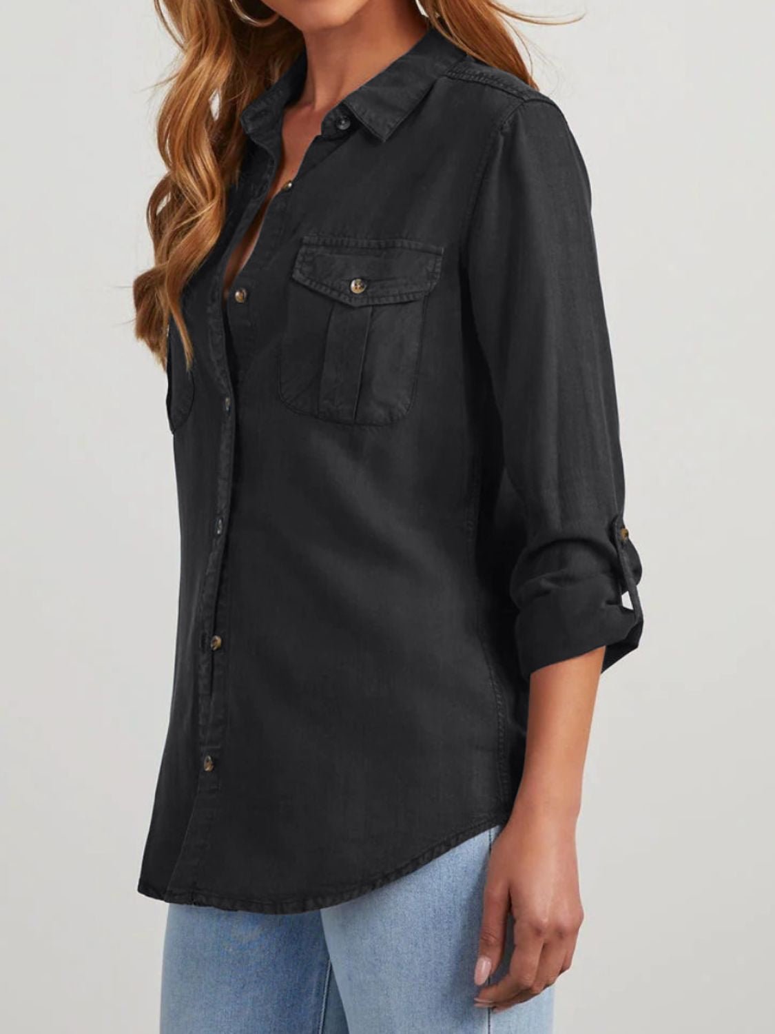 Collared Neck Roll - Tab Sleeve Denim Top | Trending Chic NZ