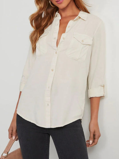 Collared Neck Roll - Tab Sleeve Denim Top | Trending Chic NZ