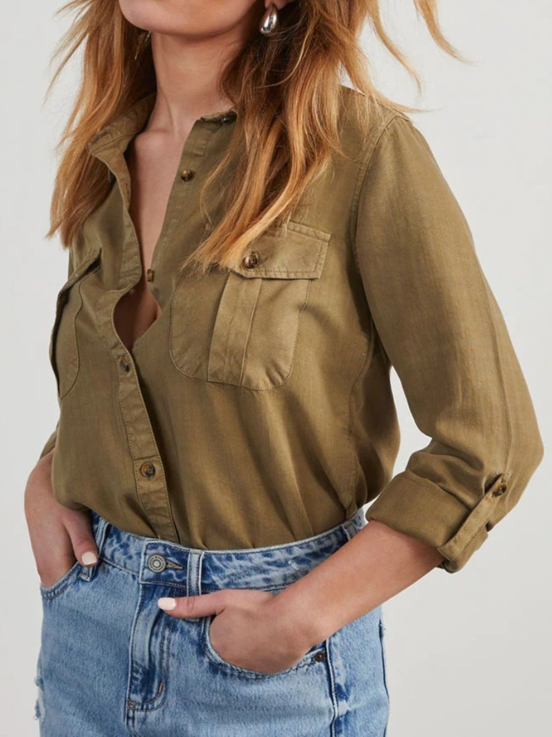 Collared Neck Roll - Tab Sleeve Denim Top | Trending Chic NZ