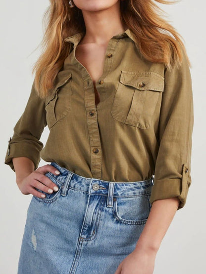 Collared Neck Roll - Tab Sleeve Denim Top | Trending Chic NZ