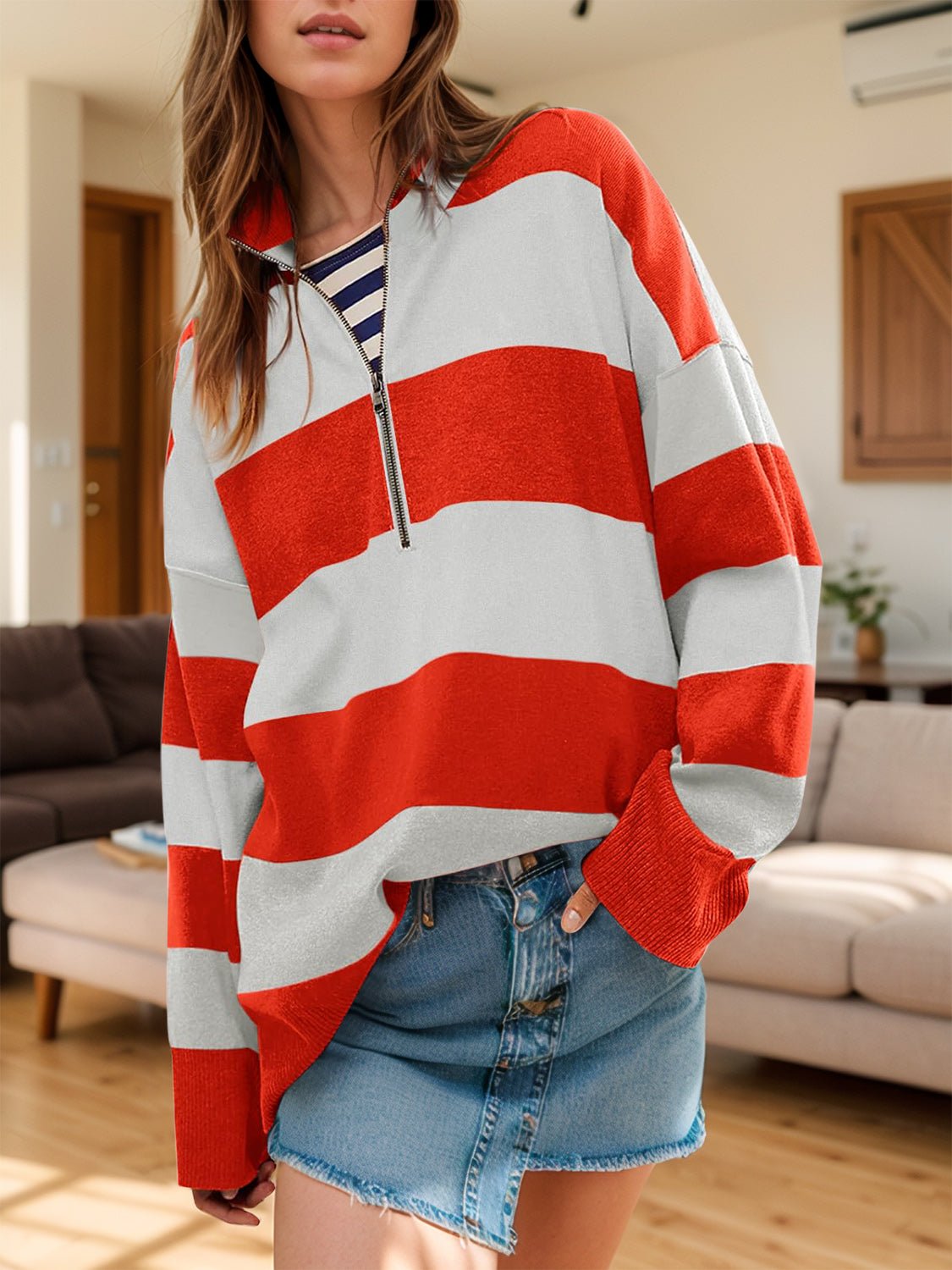 Color Block Half Zip Long Sleeve Sweater | Trending Chic NZ