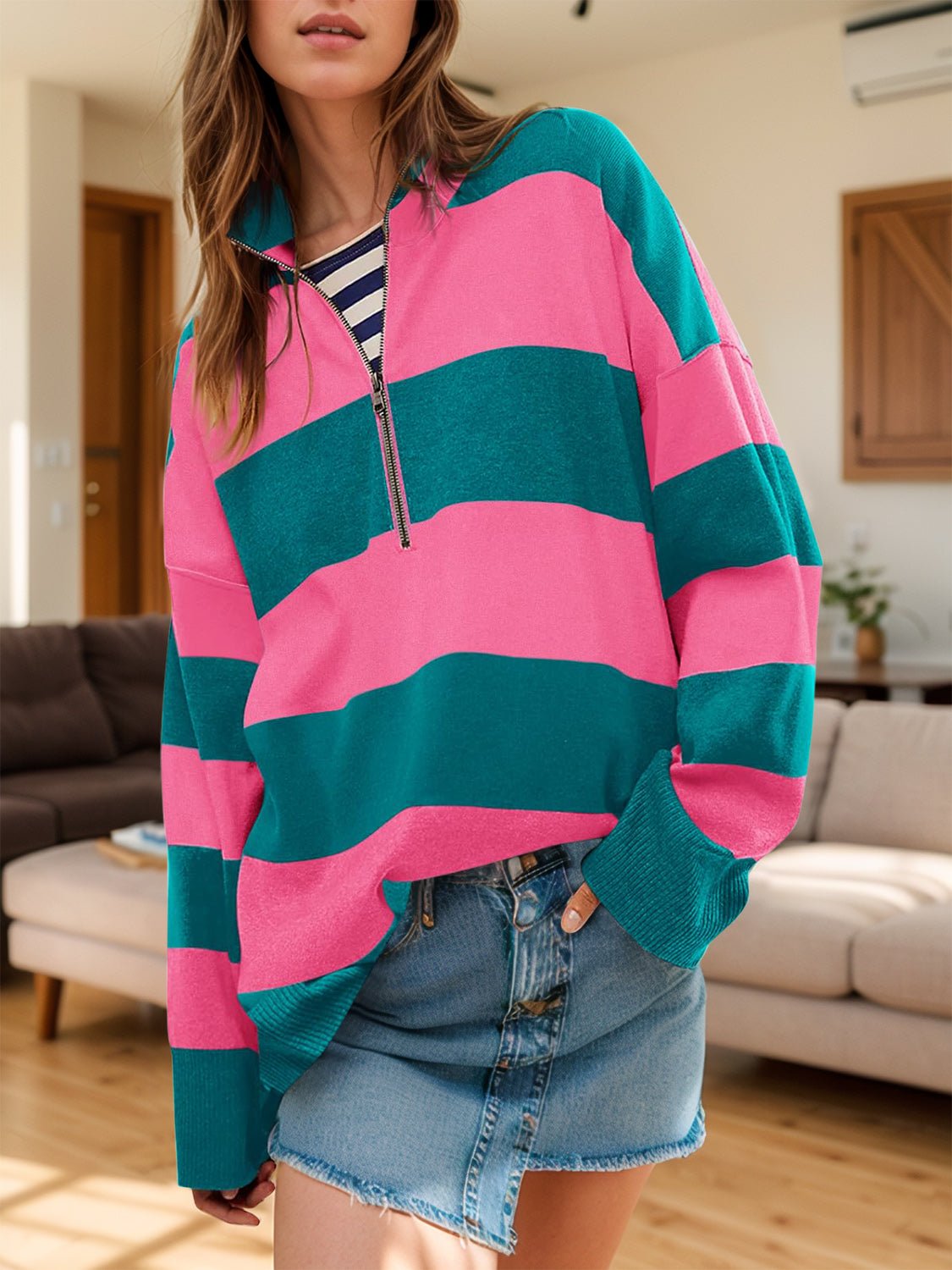 Color Block Half Zip Long Sleeve Sweater | Trending Chic NZ