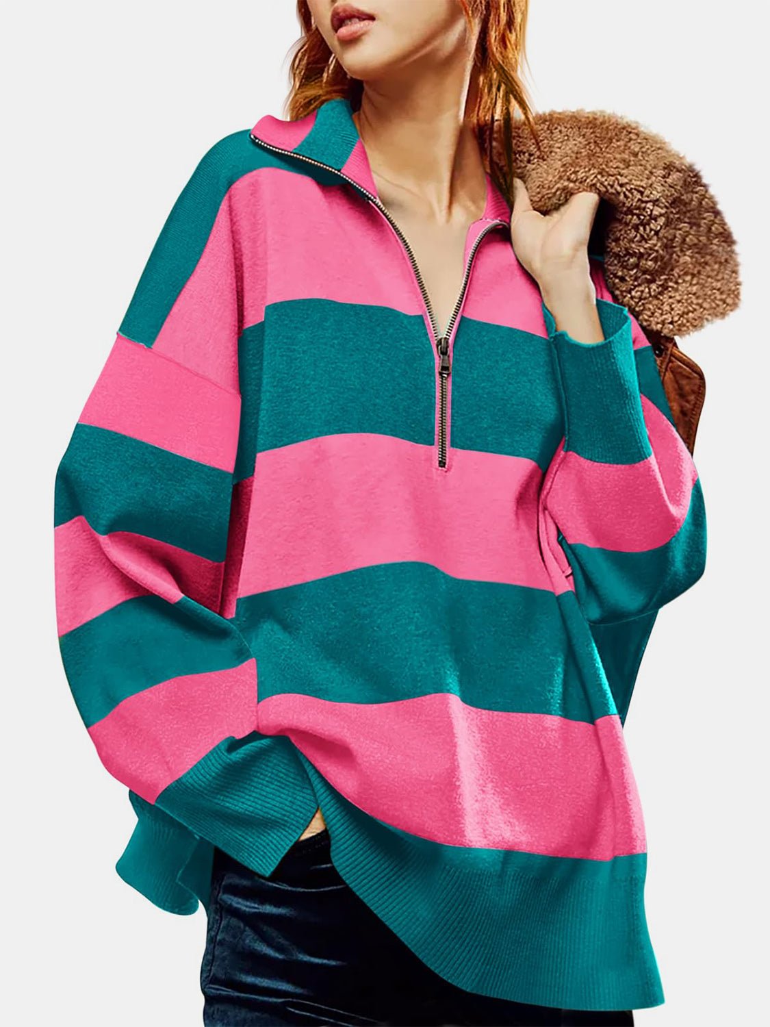 Color Block Half Zip Long Sleeve Sweater | Trending Chic NZ