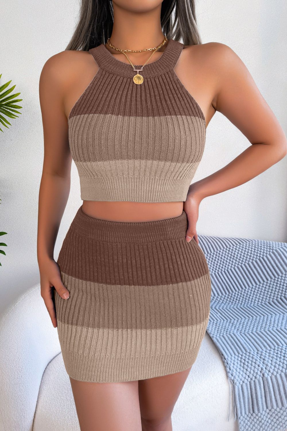 Color Block Sleeveless Crop Knit Top and Skirt Set | Trending Chic NZ