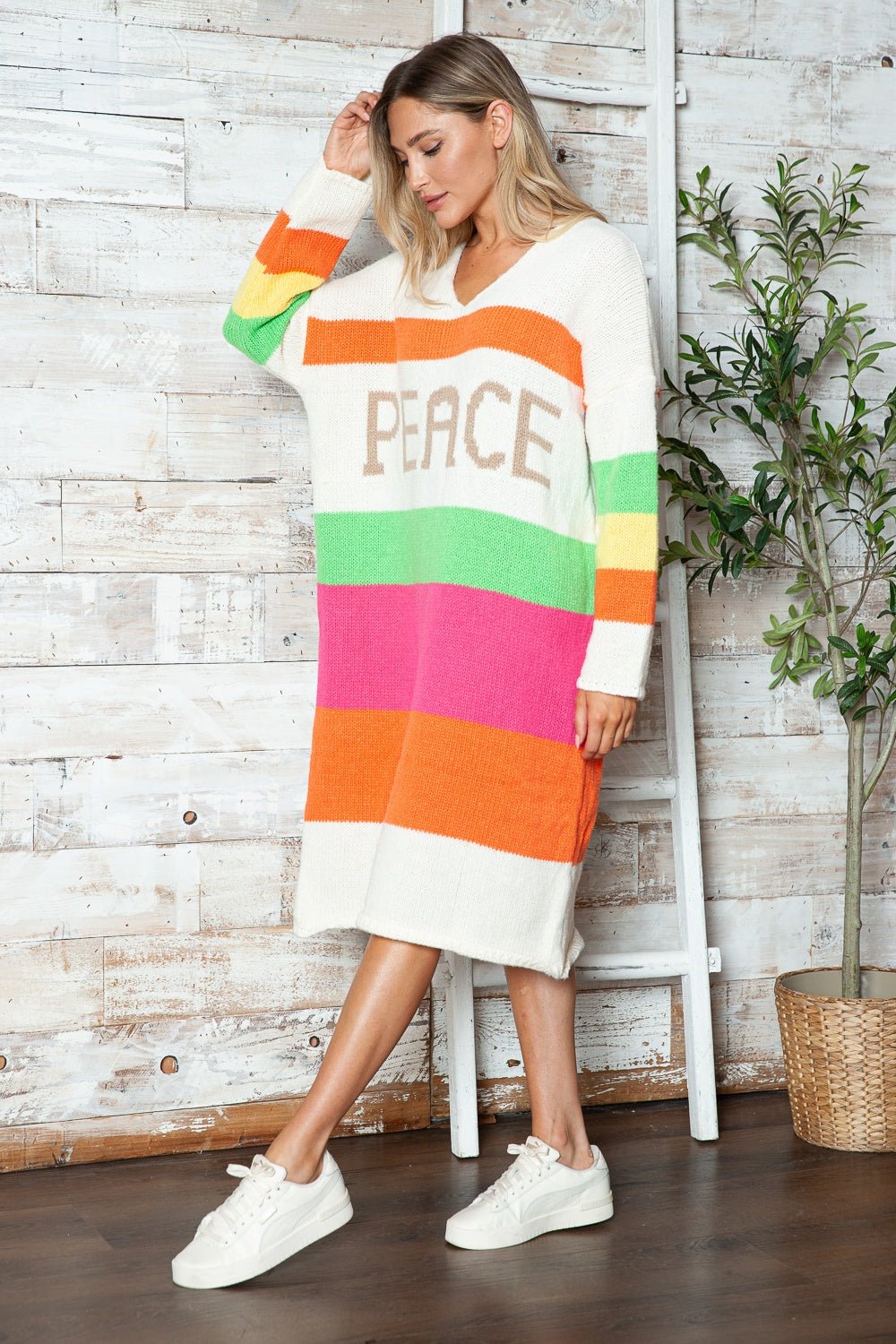 Color Block V - Neck Long Sleeve Sweater Dress | Trending Chic NZ