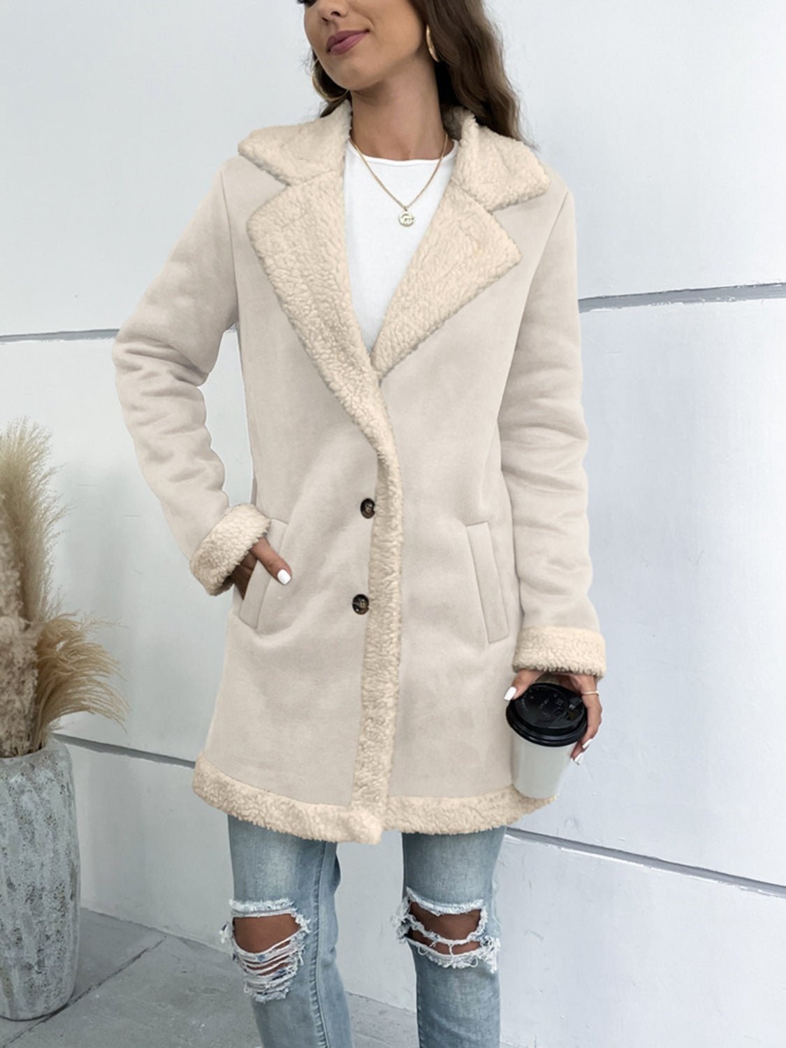 Contrast Button Up Lapel Collar Long Sleeve Coat | Trending Chic NZ