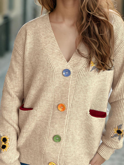 Contrast Button V - Neck Long Sleeve Cardigan | Trending Chic NZ