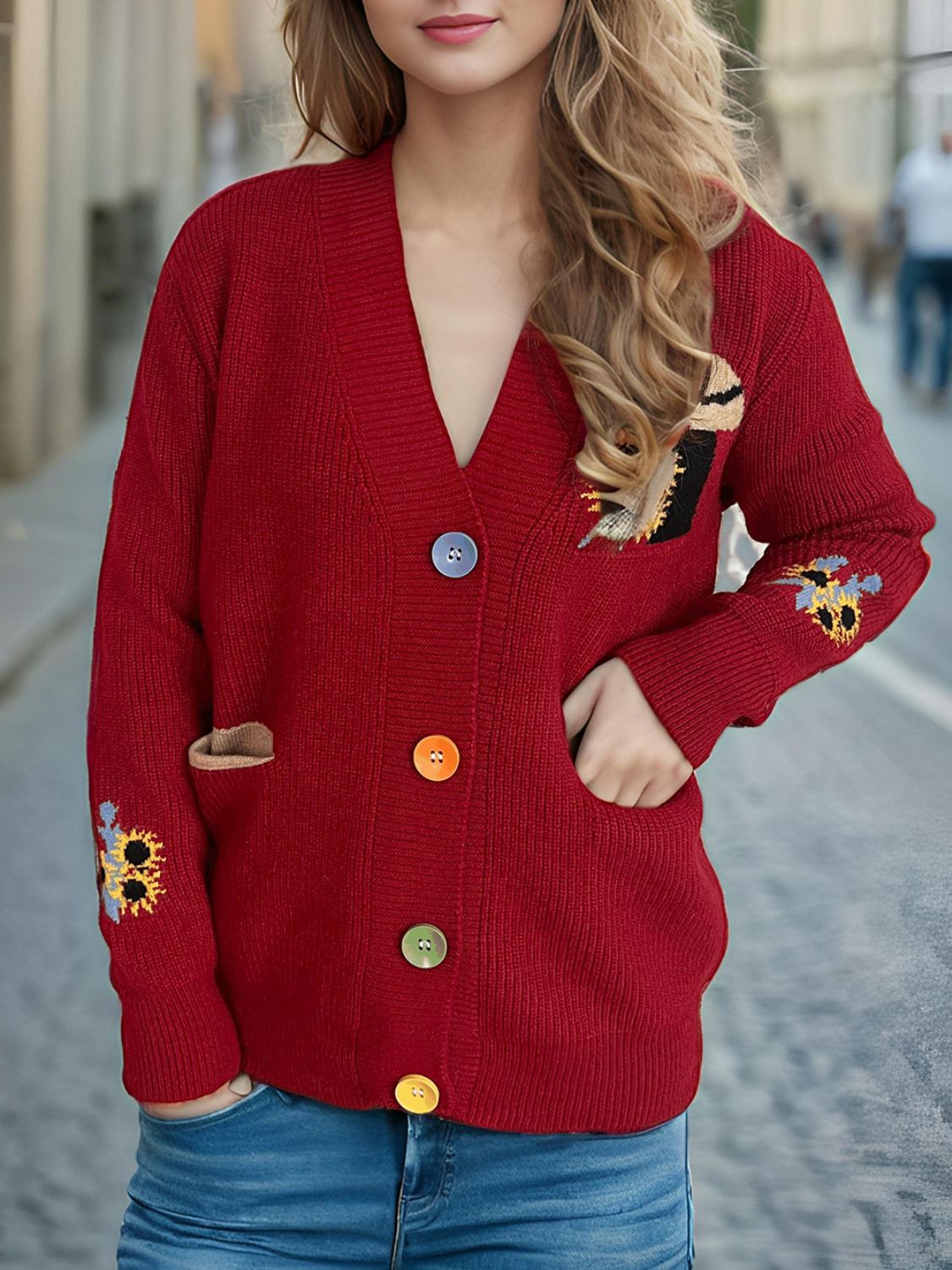 Contrast Button V - Neck Long Sleeve Cardigan | Trending Chic NZ