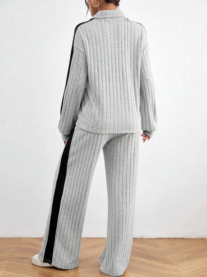 Contrast Collared Neck Long Sleeve Top and Pants Set | Trending Chic NZ