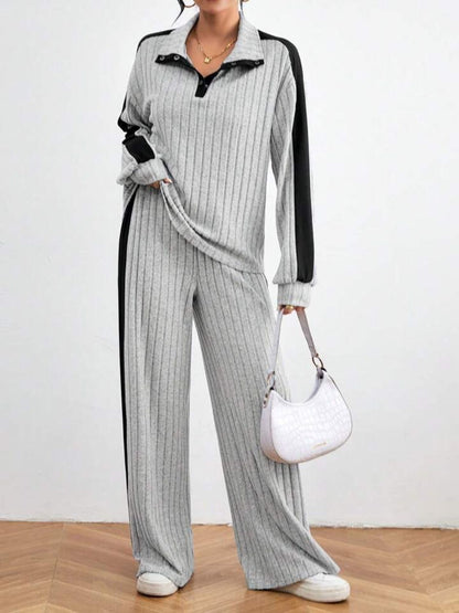 Contrast Collared Neck Long Sleeve Top and Pants Set | Trending Chic NZ