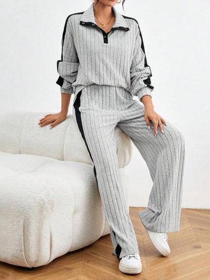 Contrast Collared Neck Long Sleeve Top and Pants Set | Trending Chic NZ