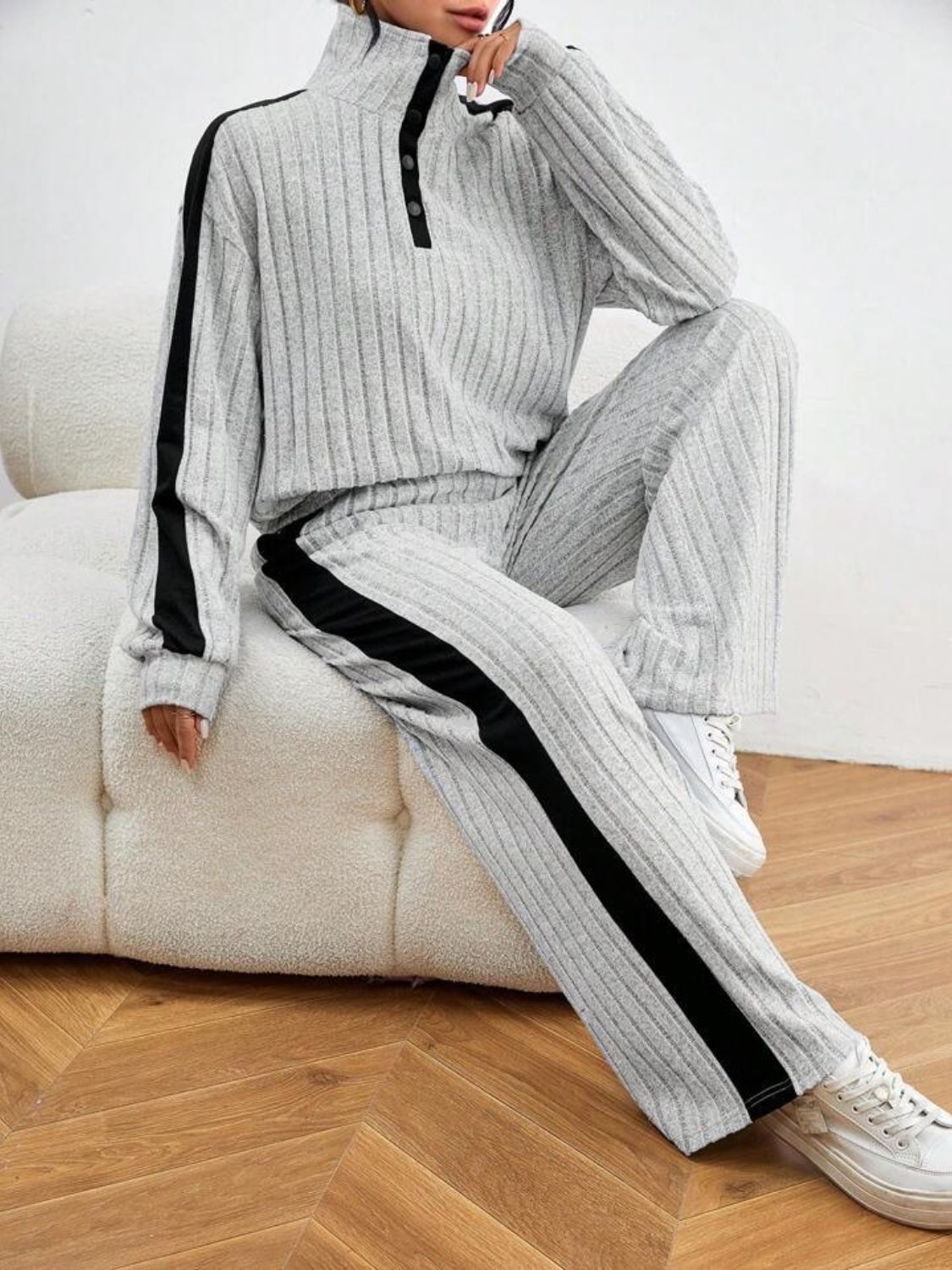 Contrast Collared Neck Long Sleeve Top and Pants Set | Trending Chic NZ