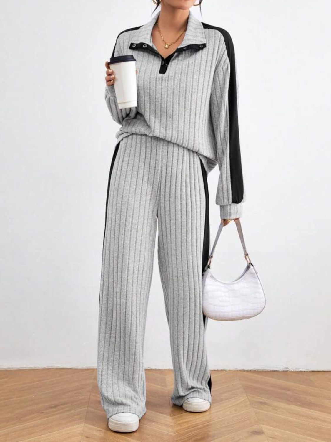 Contrast Collared Neck Long Sleeve Top and Pants Set | Trending Chic NZ