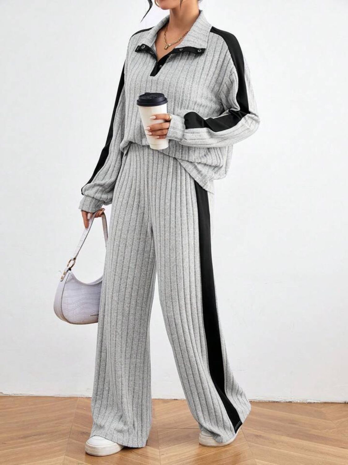 Contrast Collared Neck Long Sleeve Top and Pants Set | Trending Chic NZ