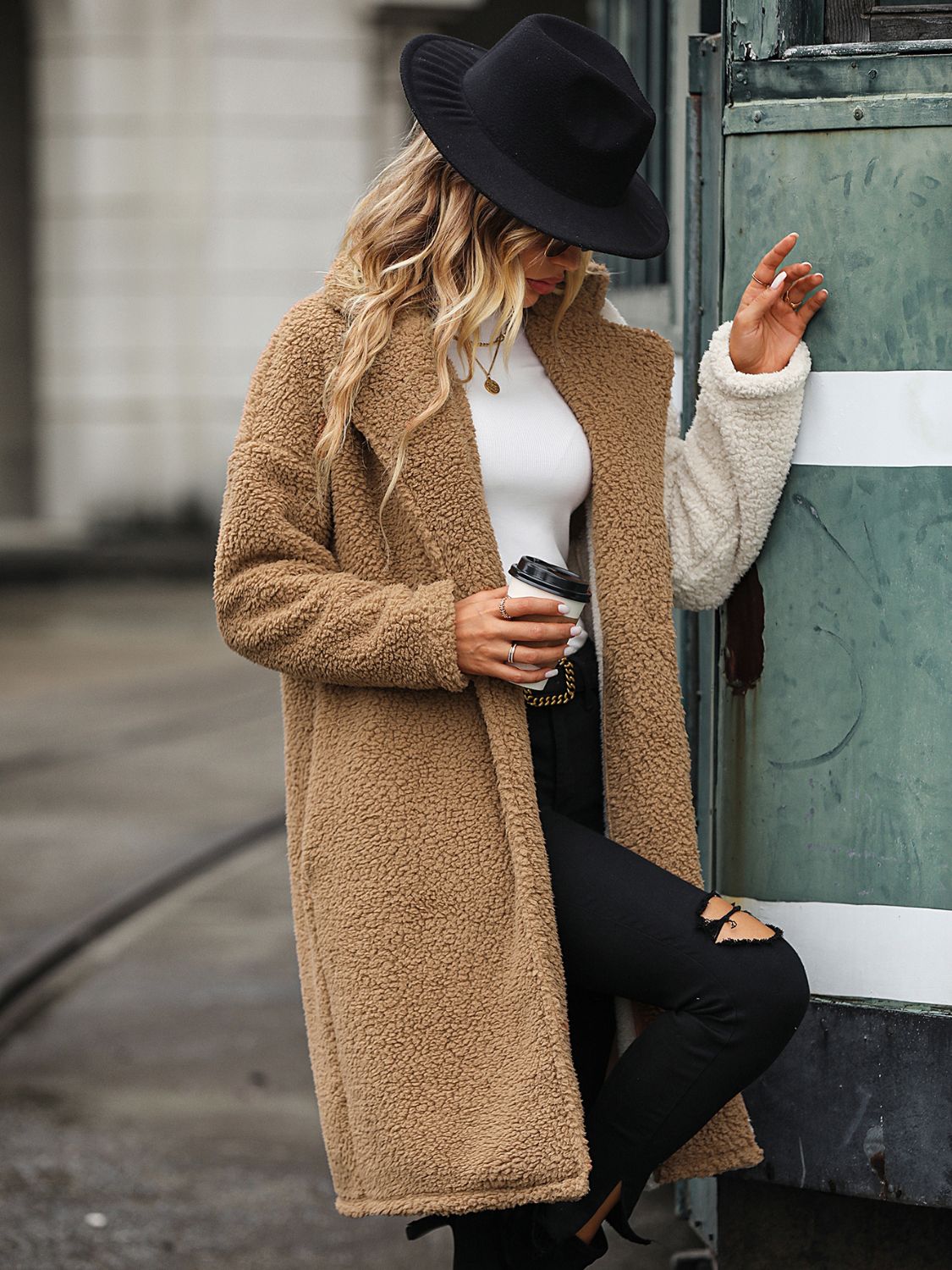 Contrast Dropped Shoulder Sherpa Coat | Trending Chic NZ