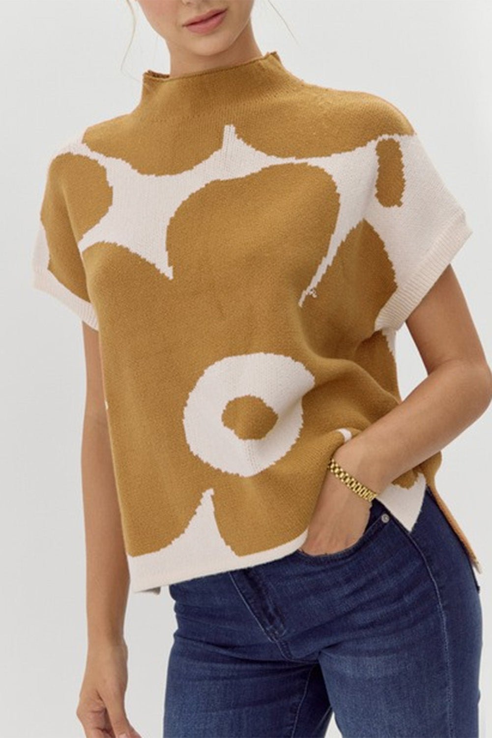 Contrast Flower Mock Neck Short Sleeve Sweater | Trending Chic NZ