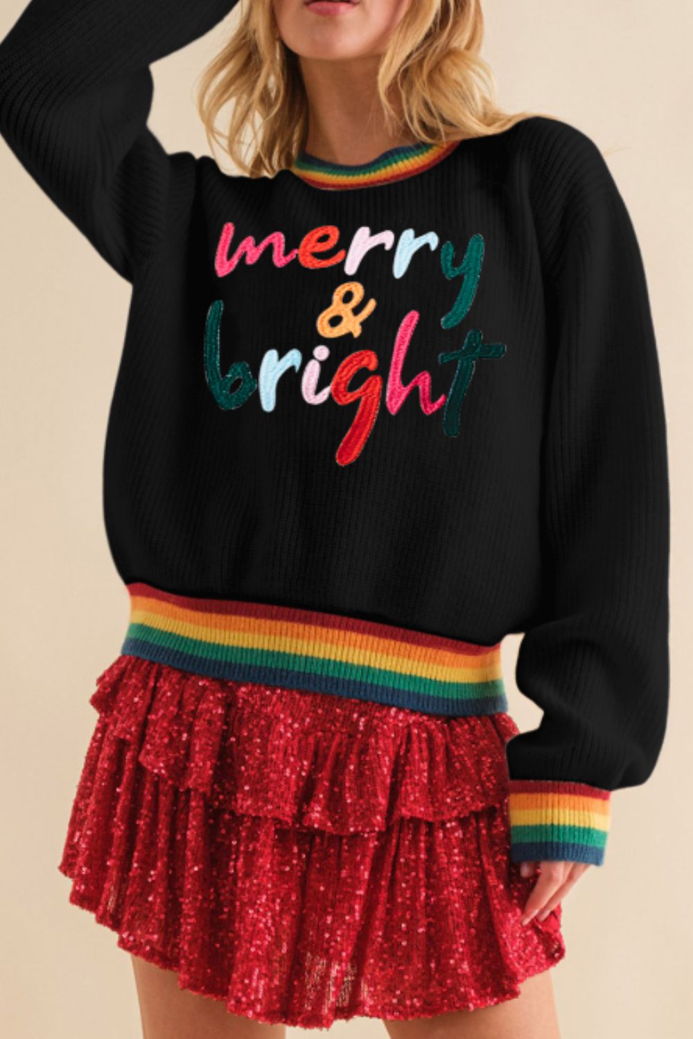 MERRY &amp; BRIGHT Ribbed Round Neck Sweater