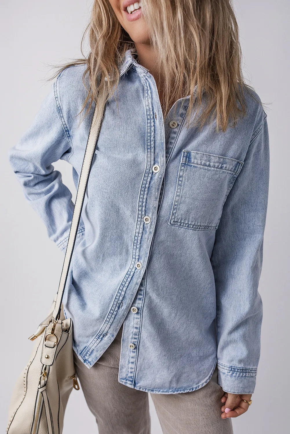 Pocketed Collared Neck Denim Top