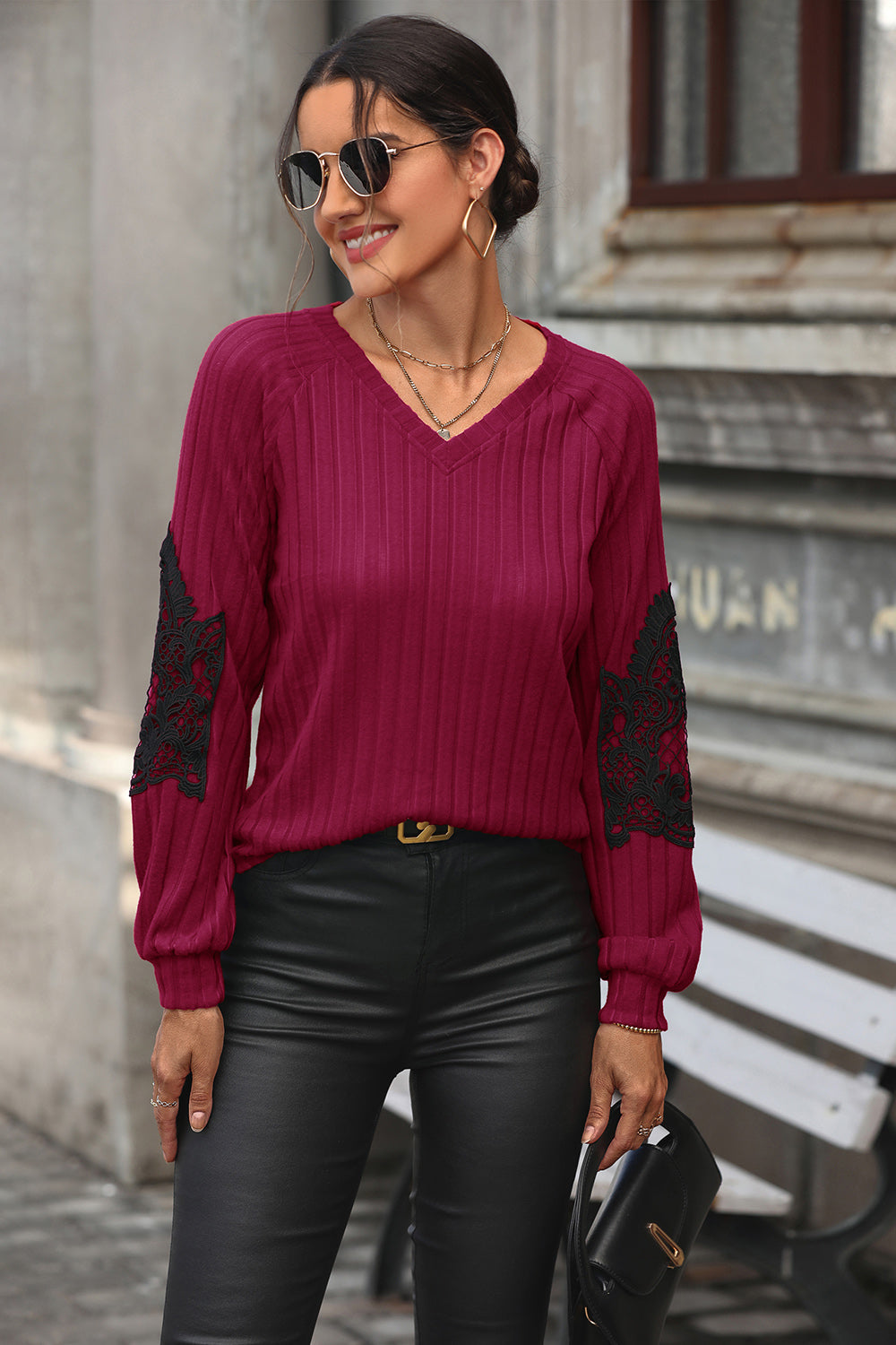 Perfee Ribbed Lace Detail V-Neck Sweater