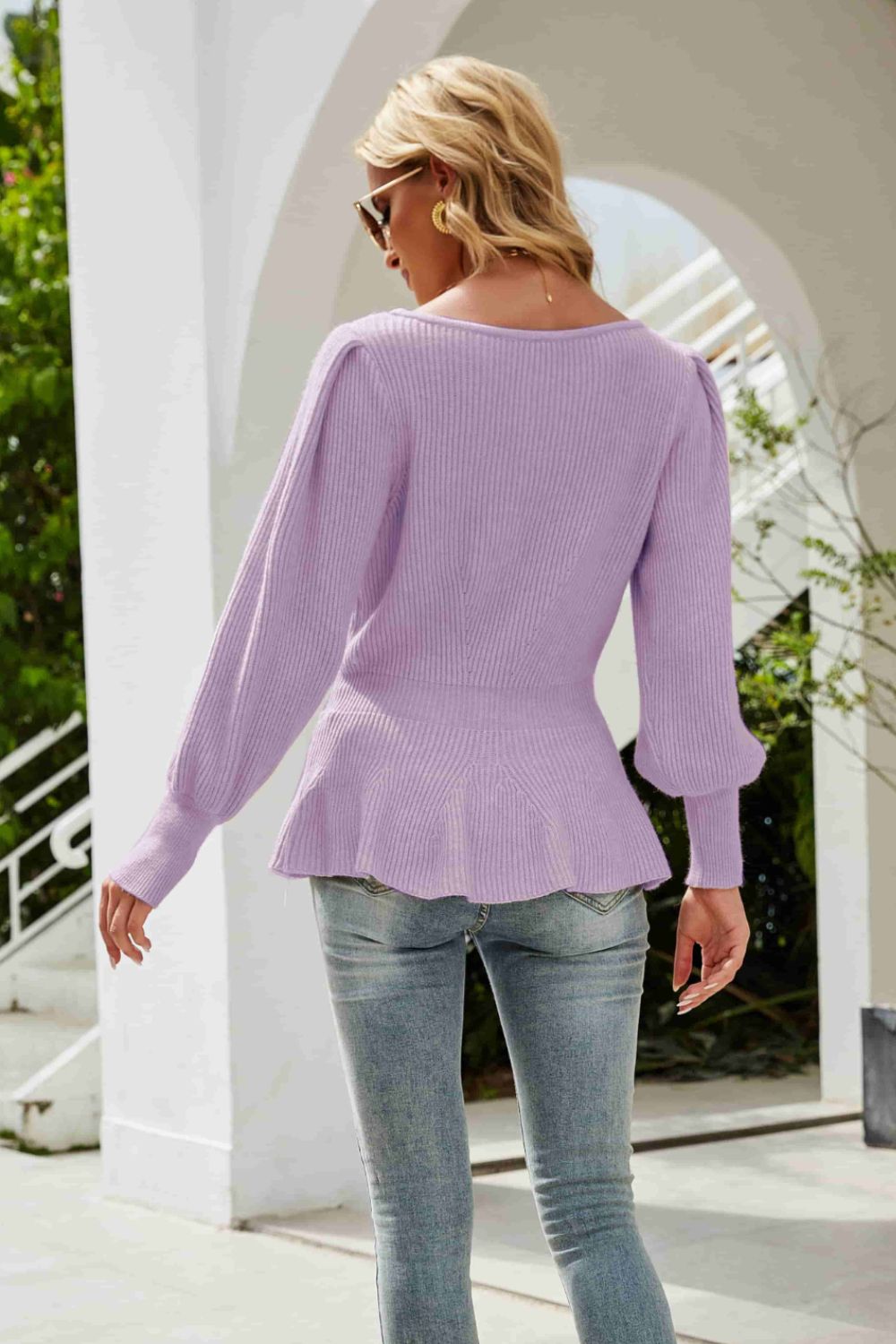 Ribbed Round Neck Lantern Sleeve Sweater