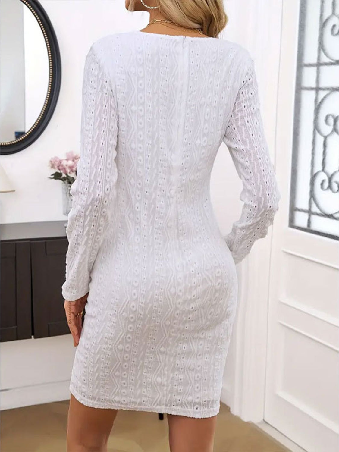 Lace Detail Round Neck Long Sleeve Mini Dress