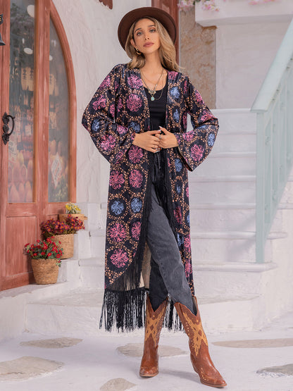 Fringe Open Front Long Sleeve Cardigan