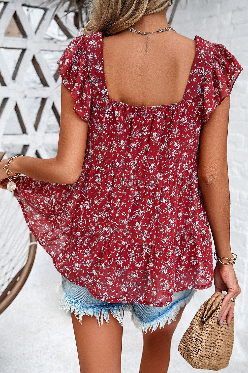 Devine Printed Square Neck Cap Sleeve Blouse