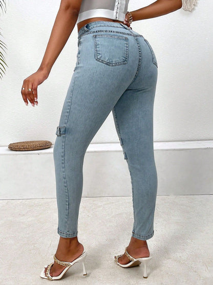 Decorative Buckle Skinny Jeans with Pockets