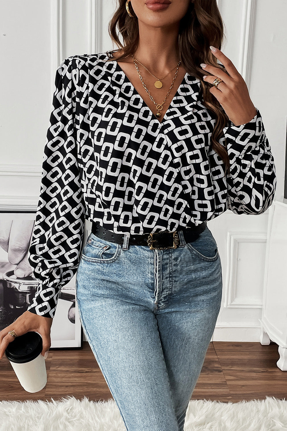 Perfee Geometric V-Neck Long Sleeve Blouse