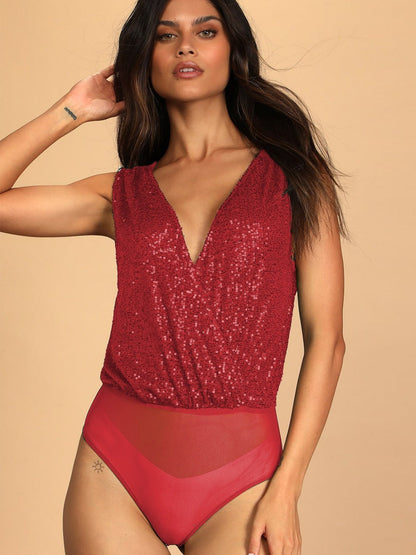 Sequin Surplice Sleeveless Bodysuit