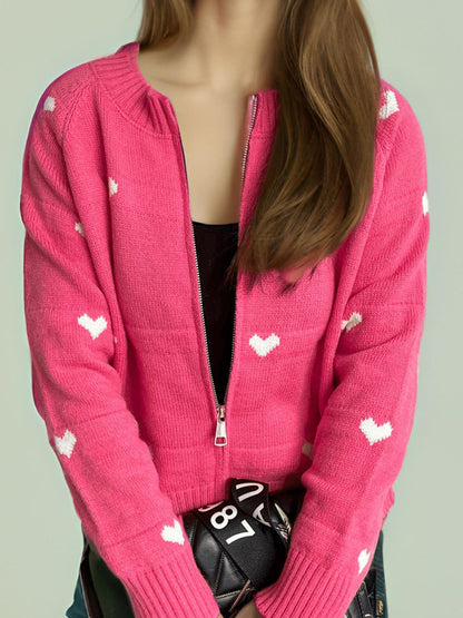 Heart Round Neck Zip Up Cardigan