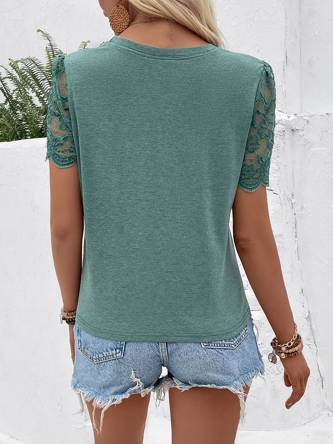 Perfee Lace Detail Short Sleeve Round Neck T-Shirt