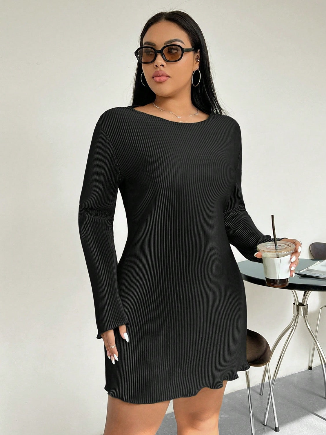 Honey Plus Size Lettuce Hem Round Neck Long Sleeve Dress