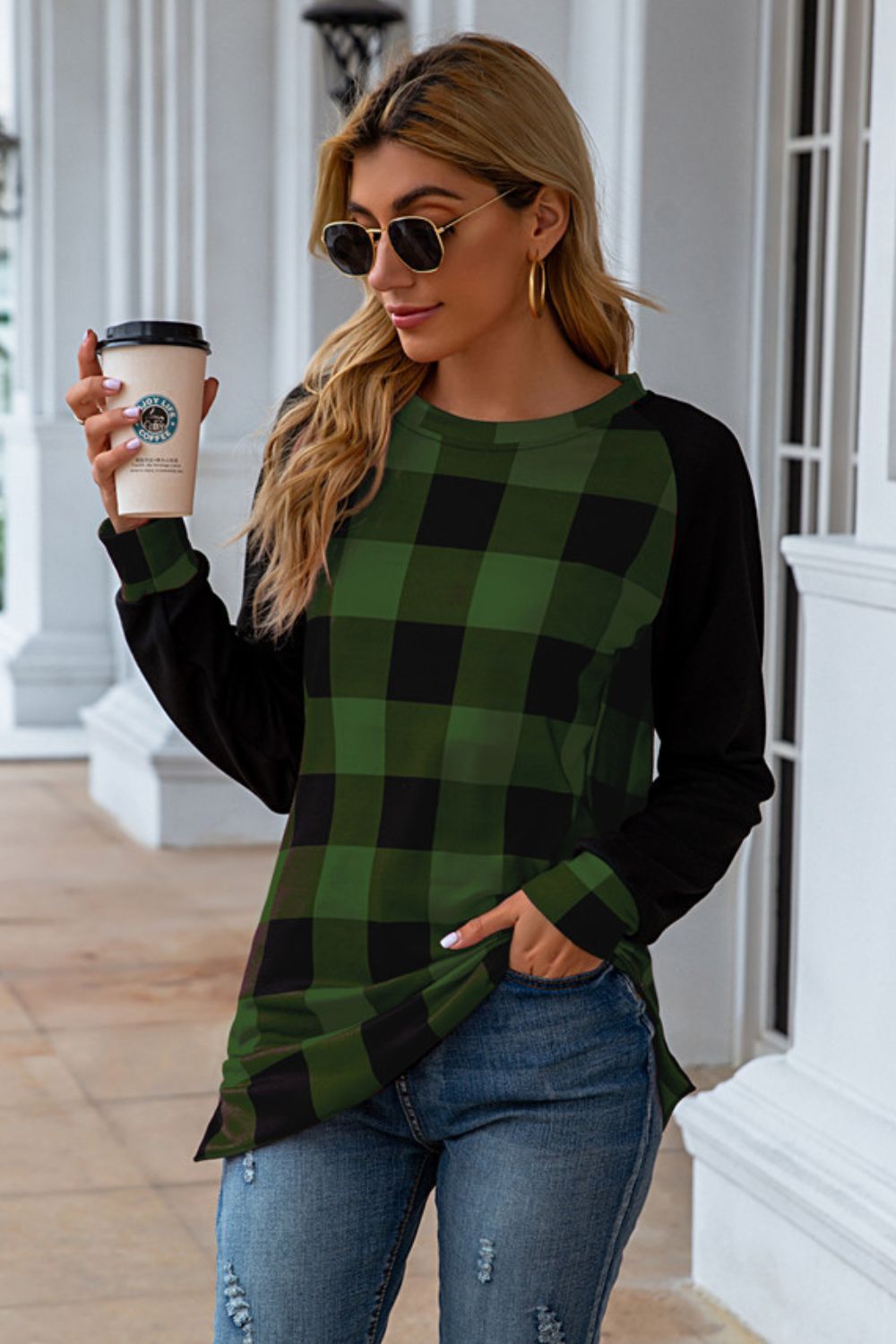 Plaid Round Neck Long Sleeve T-Shirt