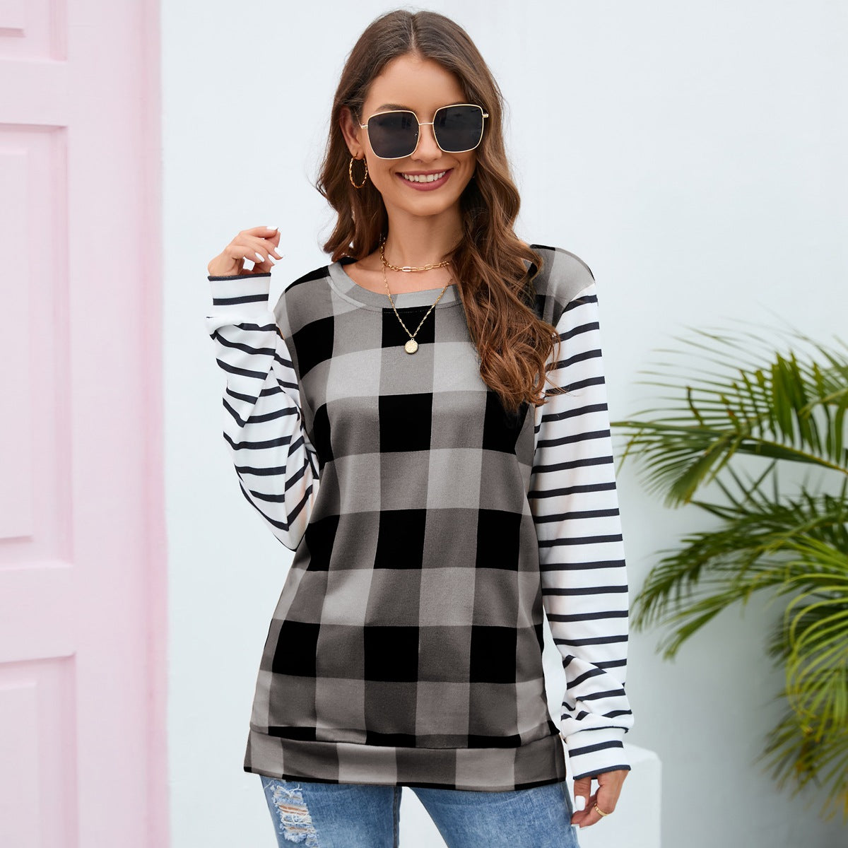 Plaid Striped Round Neck Long Sleeve T-Shirt