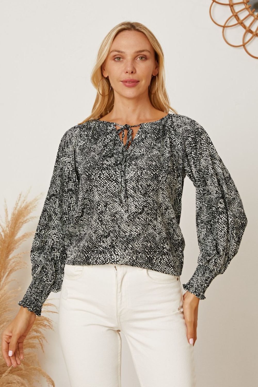 Printed Tie Neck Lantern Sleeve Blouse