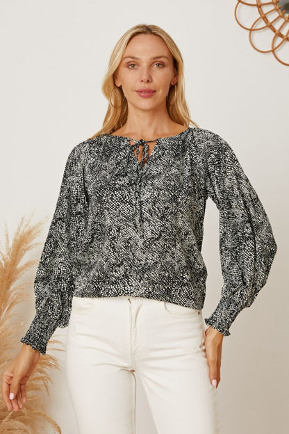 Printed Tie Neck Lantern Sleeve Blouse