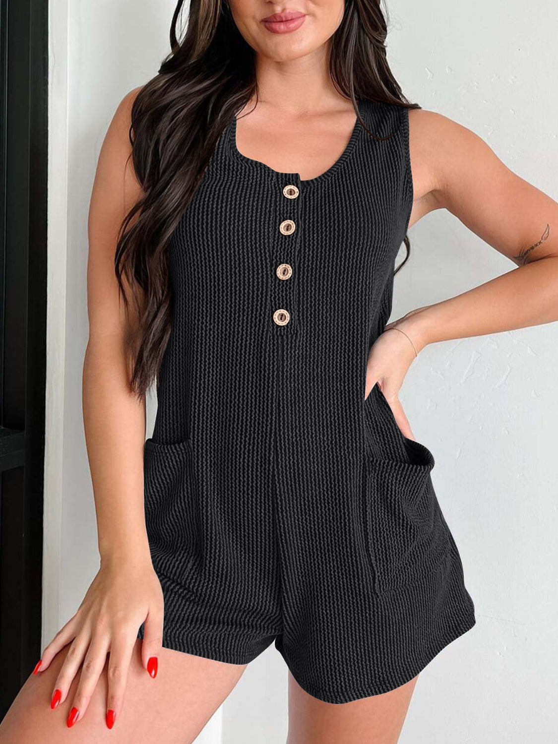 Lovelet Texture Wide Strap Romper with Pockets