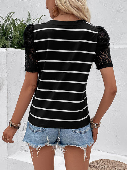 Perfee Striped Lace Detail Short Sleeve T-Shirt