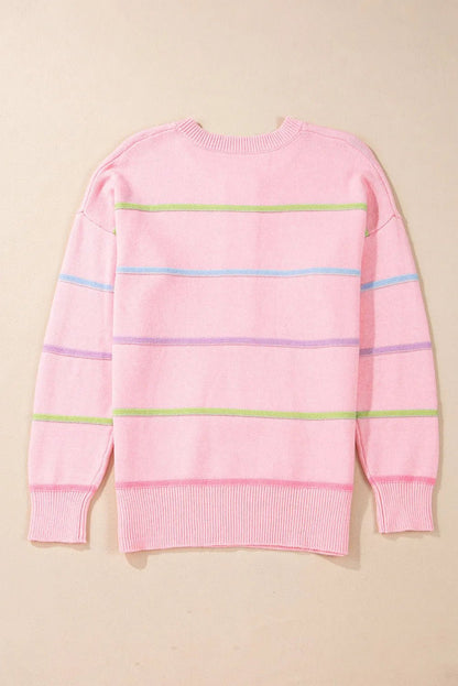 Contrast Striped Half Button Round Neck Sweater