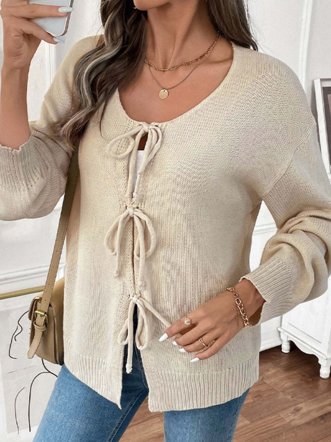 Perfee Tied Round Neck Long Sleeve Cardigan