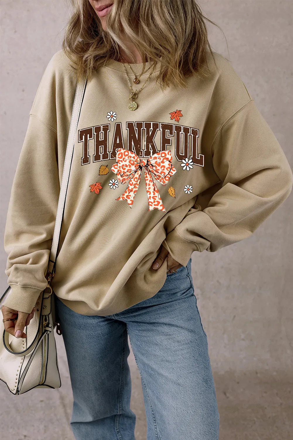 THANKFUL Bow Round Neck Long Sleeve Sweatshirt