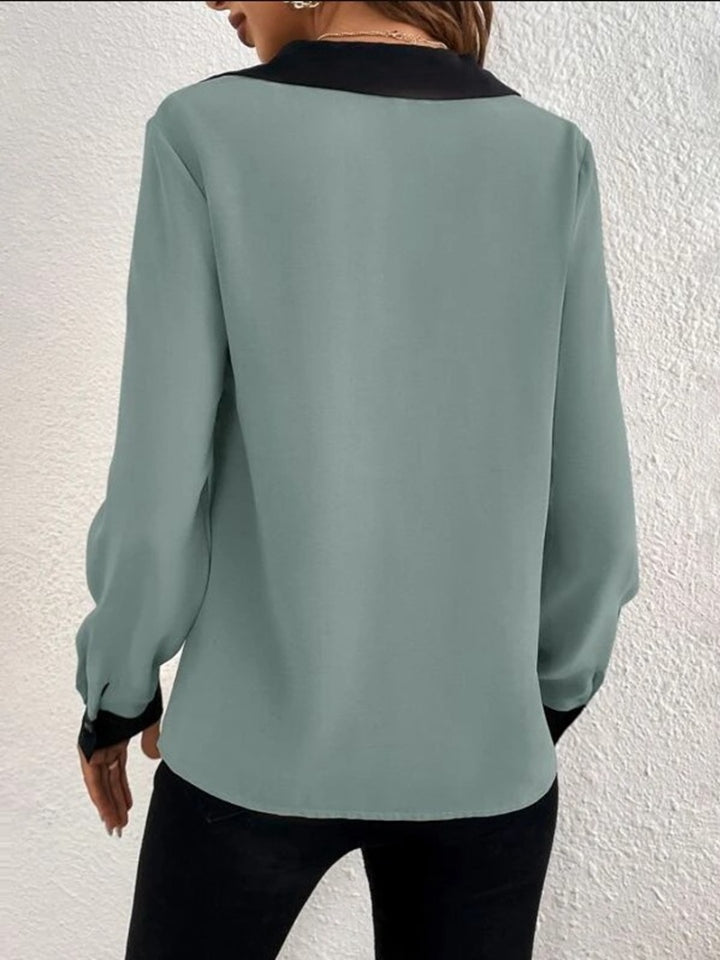 Contrast Trim V-Neck Long Sleeve Blouse